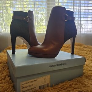 ANTONIO MELANI Chestnut Brown & Gray High Heel Ankle Booties